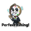 A cartoon clock with a face, wearing a suit and rainbow tie, smirking with the text Perfect timing! below it.