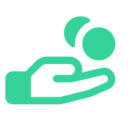A stylized green hand holding two circular coins in an offering gesture.