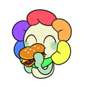 A colorful flower character with closed eyes happily eating a cheeseburger.