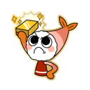 A grumpy shrimp character holding a sparkling gold brick above its head.