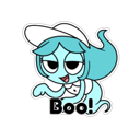 A light blue cartoon ghost wearing a white cap with a mischievous expression and the text Boo! below it.