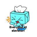A light blue tissue box character with a happy expression laughing with its eyes closed.