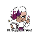 An artist character with purple hair winks while holding a paintbrush and a sketchbook with the text I'll Support You! below.