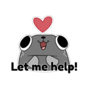 A small gray creature with large eyes and a wide smile has a red heart floating above its head and the text Let me help! bel…