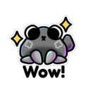 A cute gray creature with large black eyes and gold sparkles around its head, with the word Wow! written below it.