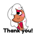 A cute anime-style girl with white hair and red clothing blushing while saying Thank you.