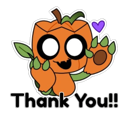 A cute orange pumpkin creature with a green stem and leaves waves its hand while a small purple heart floats nearby, with ...