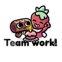 A cute strawberry and a chocolate roll character standing next to a small cake with the text Team work! underneath.