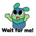 A small green and blue creature with large, teary eyes and an open mouth, waving its arms in a panicked gesture with the tex…