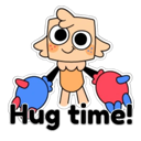 A cartoon creature with a square head and large blue and red hands reaching out with the text Hug time! below it.