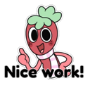 A red, anthropomorphic plant character with a green leafy top gives a thumbs up with the text Nice work below it.