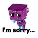 A purple box character with a sad, apologetic expression and the text I'm sorry below it.