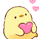 A round yellow chick holding a pink heart with small pink hearts floating nearby.