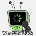 A green retro computer head with a loading icon on its screen and a bow tie, standing next to a small dark figure with text …