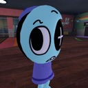 A light blue cartoon head with a raised eyebrow and a cross-shaped pupil looking suspicious.