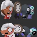 A group of four cartoon characters with wide, shocked eyes looking toward the left.