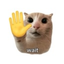 A cat pressing its paw against a surface with a yellow hand emoji overlay and the text wait below it.