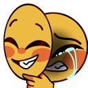 A yellow emoji face holding a smiling mask in front of its crying, distressed face.