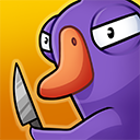 A purple cartoon goose holding a kitchen knife with a suspicious look on its face.