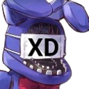 A purple animatronic rabbit wearing a white face mask with the letters XD printed on it.
