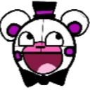 A stylized white bear face with purple ears and a wide, gaping, happy mouth expression.