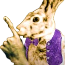 A rabbit-like character with a purple vest holds a finger to its mouth in a shushing gesture.