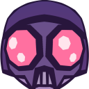 A character wearing a dark purple helmet with large, glowing pink insect-like eyes.