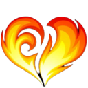 Heart shape formed by bright orange and yellow flames against a dark background.