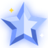 A stylized blue star with small yellow and white sparkles around it.