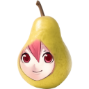 An anime character with pink hair smiling from inside a yellow pear.