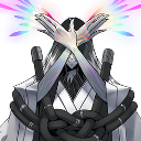 A masked deity figure holds their hands in a crossed gesture with a glowing rainbow aura behind them.