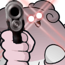 A round pink character holding a handgun with glowing red eyes and a menacing expression.