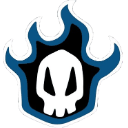 A white skull icon surrounded by a blue flame outline on a black background.