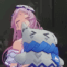 An anime girl with pink hair repeatedly booping a gray plush toy on the nose.