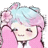 Anime girl with pastel hair and cat ears smiling with a bashful expression.