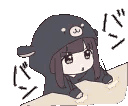 A girl in a bear hoodie rhythmically slamming her hands on a desk with Japanese text floating nearby.