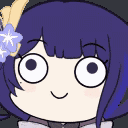 Anime girl with purple hair and oversized, vacant eyes giving a tiny, blank smile.