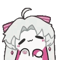 A white-haired chibi character with pink accents rhythmically bouncing and dancing.