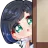 Anime girl with dark hair and green eyes peeking around a wooden corner.