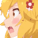 Anime girl with blonde hair and a red flower looking shocked and flustered.
