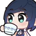 A chibi anime character with blue hair calmly drinking from a small white teacup.