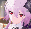 Anime girl with pink hair and red eyes sticking her tongue out in a teasing expression.