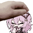 A human hand repeatedly petting the head of a small anime character.