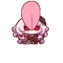 A small, pink-haired creature with red eyes repeatedly sticking out a large pink tongue while rotating.