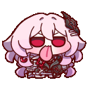 A chibi character with pink hair and red eyes repeatedly sticking its tongue out in a playful, teasing manner.