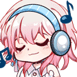 Anime girl with pink hair wearing blue headphones and listening to music with a peaceful smile.