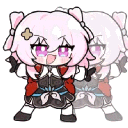 A chibi anime girl with pink hair dancing energetically with a happy expression.