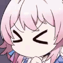 Anime girl with pink hair shaking her head side to side in a dismissive gesture.