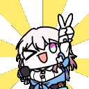 Anime girl character winking and holding up a peace sign with a radiating yellow background.