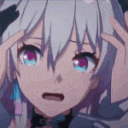 An anime girl with white hair clutching her head with both hands while looking wide-eyed and panicked.